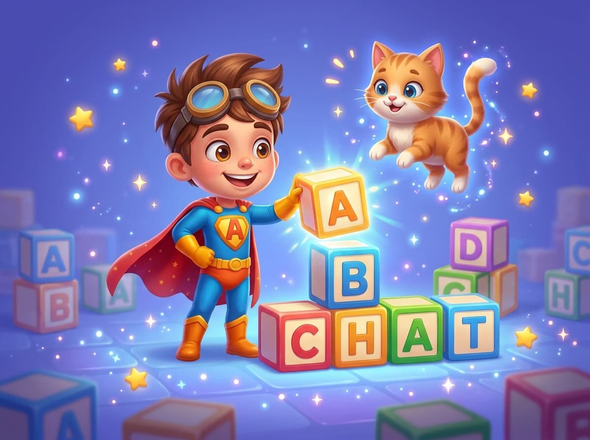 Le garçon super-héros assemble des cubes lumineux qui forment le mot CHAT, sous le regard d’un chaton roux qui flotte dans les airs.