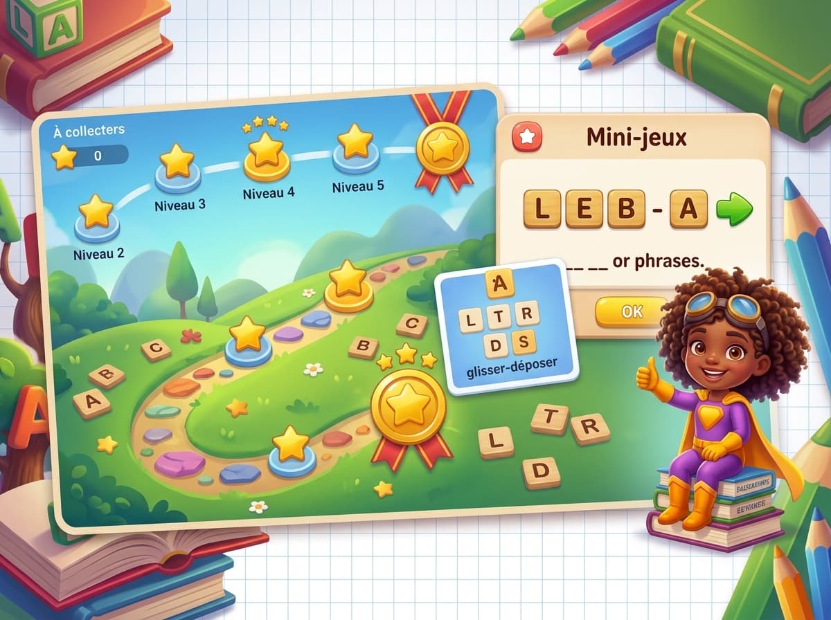 Écran de jeu avec une carte de niveaux étoilés, un mini-jeu de lettres à glisser-déposer et la fille super-héroïne assise sur une pile de livres.