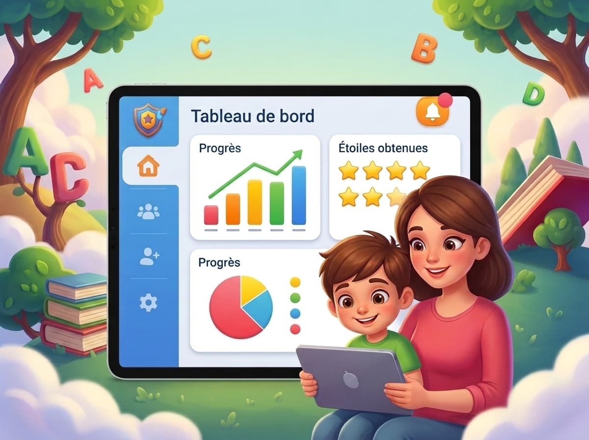 Une maman et son fils consultent sur une tablette le tableau de bord des progrès, avec graphiques et étoiles obtenues.