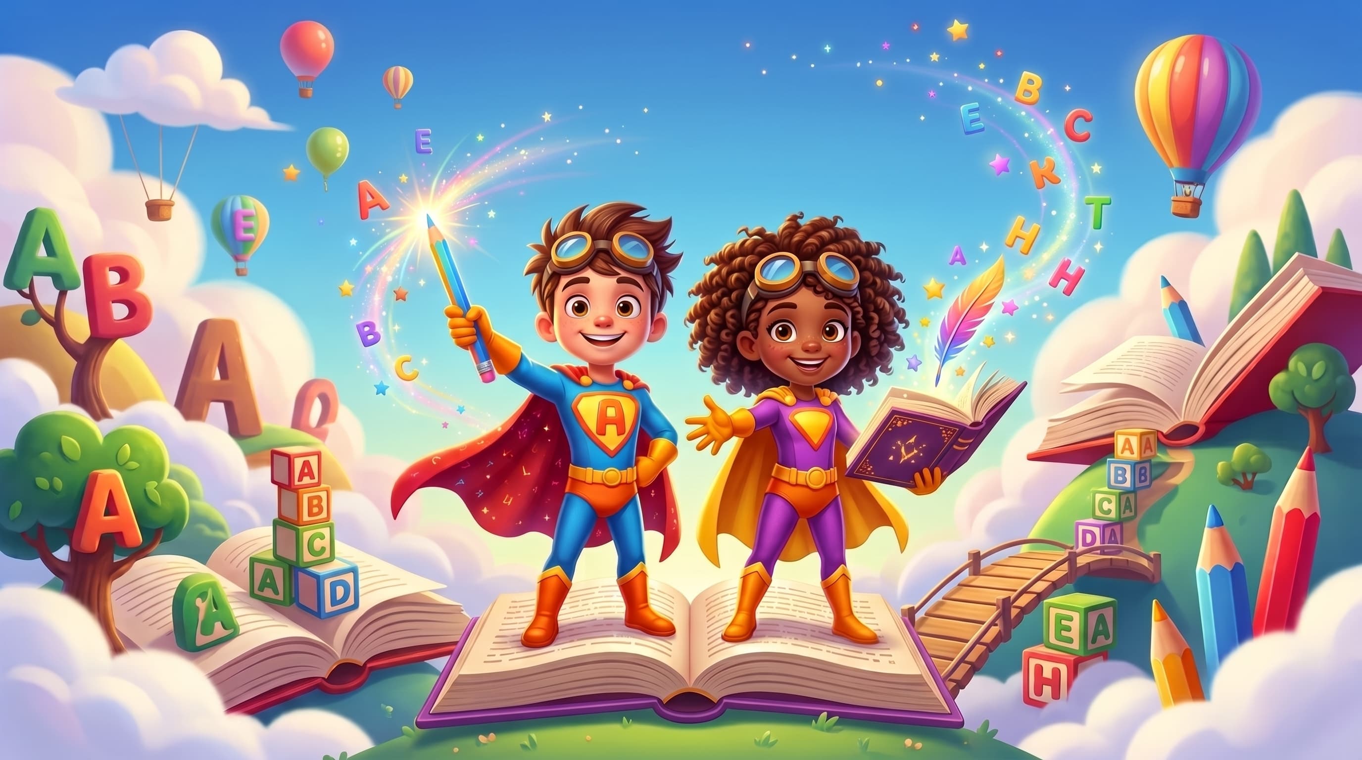Deux enfants super-héros debout sur un livre géant ouvert : le garçon brandit un crayon magique, la fille tient un grimoire d’où s’échappe une plume arc-en-ciel, au milieu de lettres géantes, de cubes et de montgolfières.