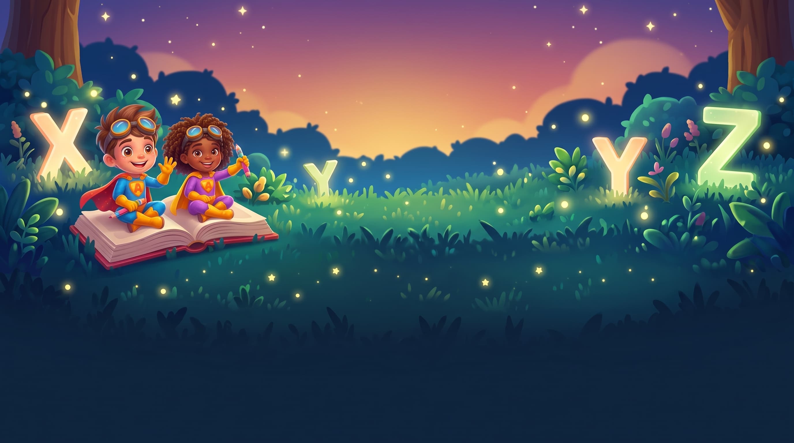 Les deux enfants super-héros, assis sur un livre ouvert dans une prairie au crépuscule, font signe de la main, entourés de lucioles et de grandes lettres lumineuses X, Y et Z.
